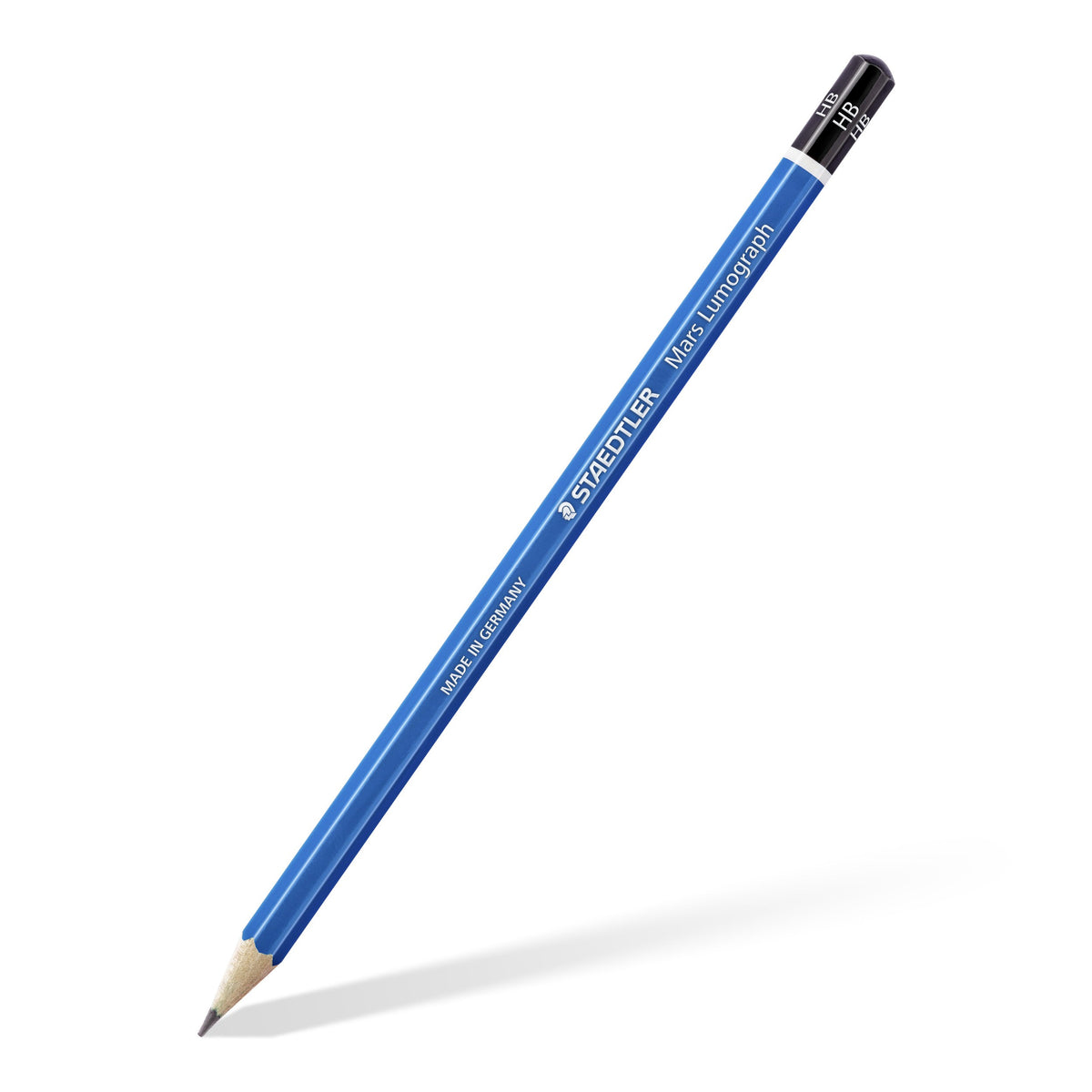 Single blue Staedtler Mars Lumograph 100 drawing pencil with a black end cap, lying diagonally on white