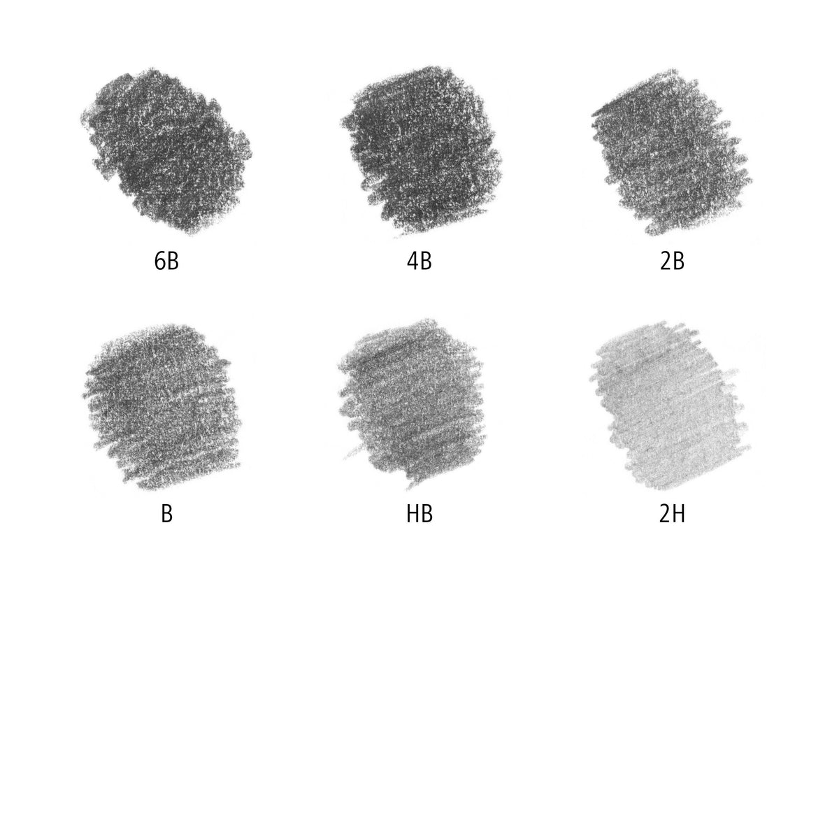 Graphite swatches shaded with the six set degrees, labelled 6B, 4B, 2B, B, HB and 2H, from dark to light