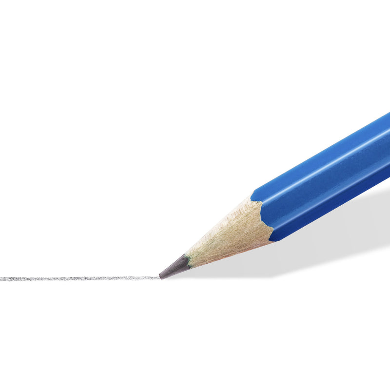 Close view of a sharpened Staedtler Mars Lumograph pencil point drawing a fine grey line on white paper