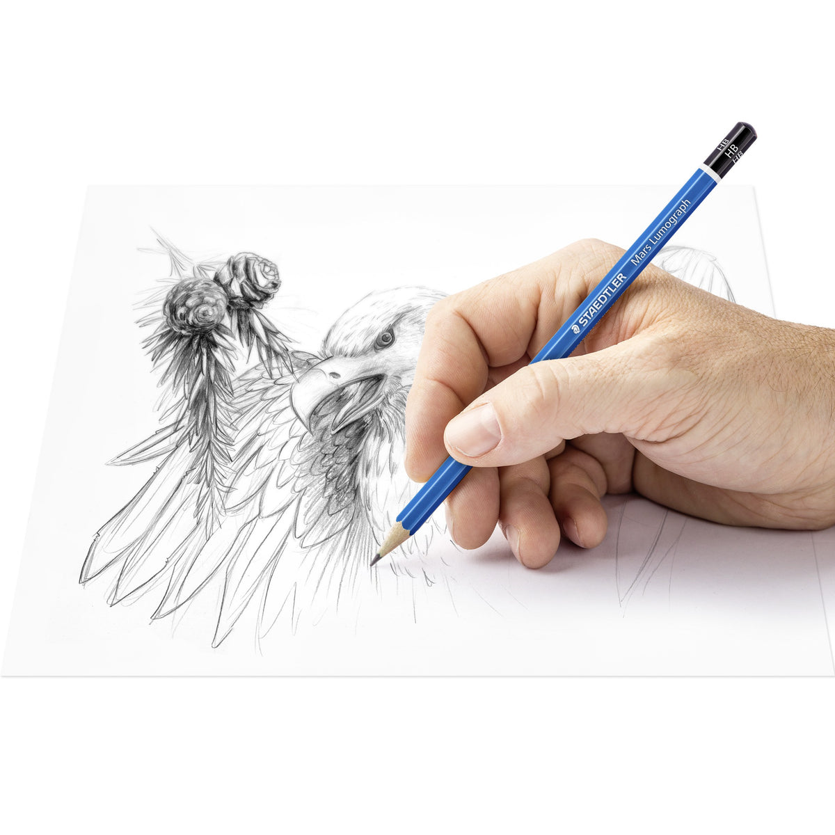 A hand shading a detailed pencil drawing of an eagle with a blue Staedtler Mars Lumograph pencil