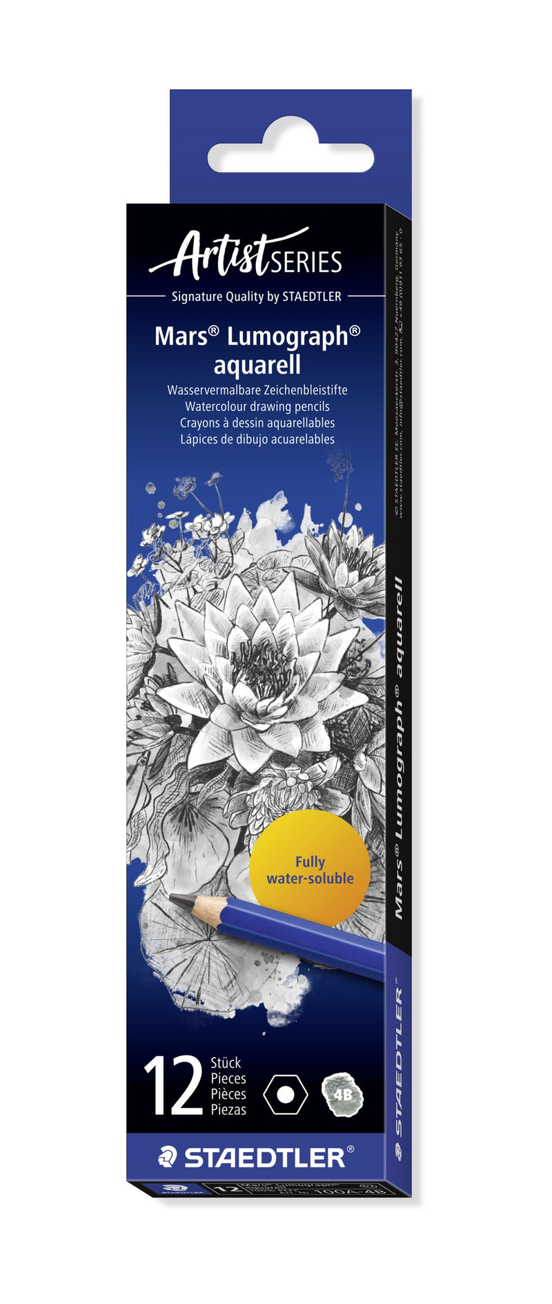 Staedtler Mars Lumograph aquarell box of 12 in 4B, dark blue Artist Series box with a flower drawing and a Fully water-soluble roundel