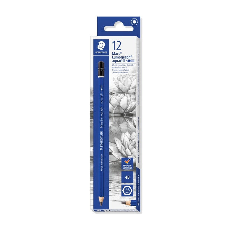 Earlier Mars Lumograph aquarell 4B box of 12 in white and blue with a water lily drawing, shown as previous packaging