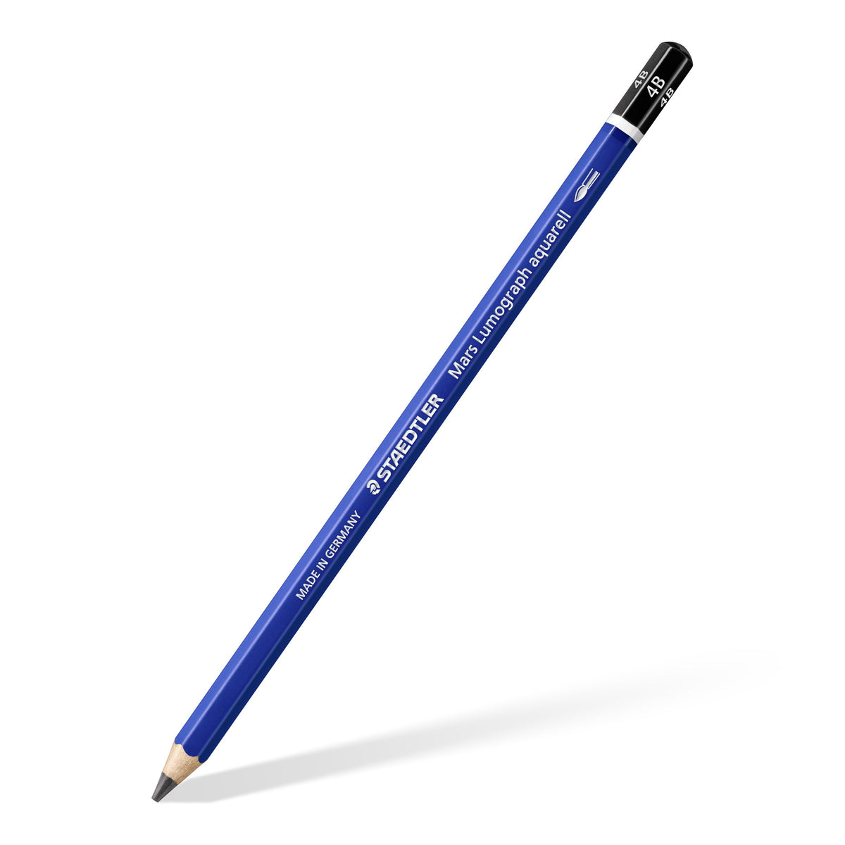 A Mars Lumograph aquarell 4B pencil shown diagonally, blue hexagonal barrel and black end cap printed 4B