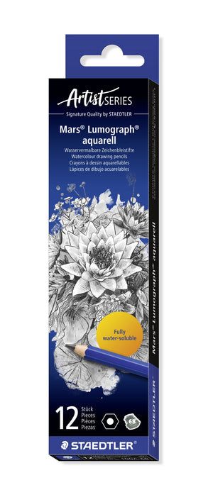 Mars Lumograph aquarell 6B box of 12 by Staedtler in the dark blue Artist Series design with a botanical drawing