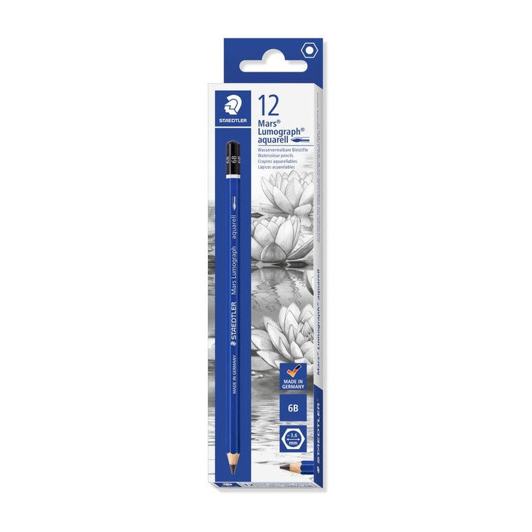 Previous white and blue Mars Lumograph aquarell 6B box of 12 with a water lily drawing, earlier packaging