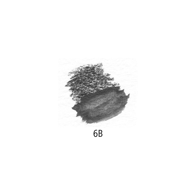 Degree swatch for 6B: dense pencil hatching above a smooth grey area where water has dissolved the graphite