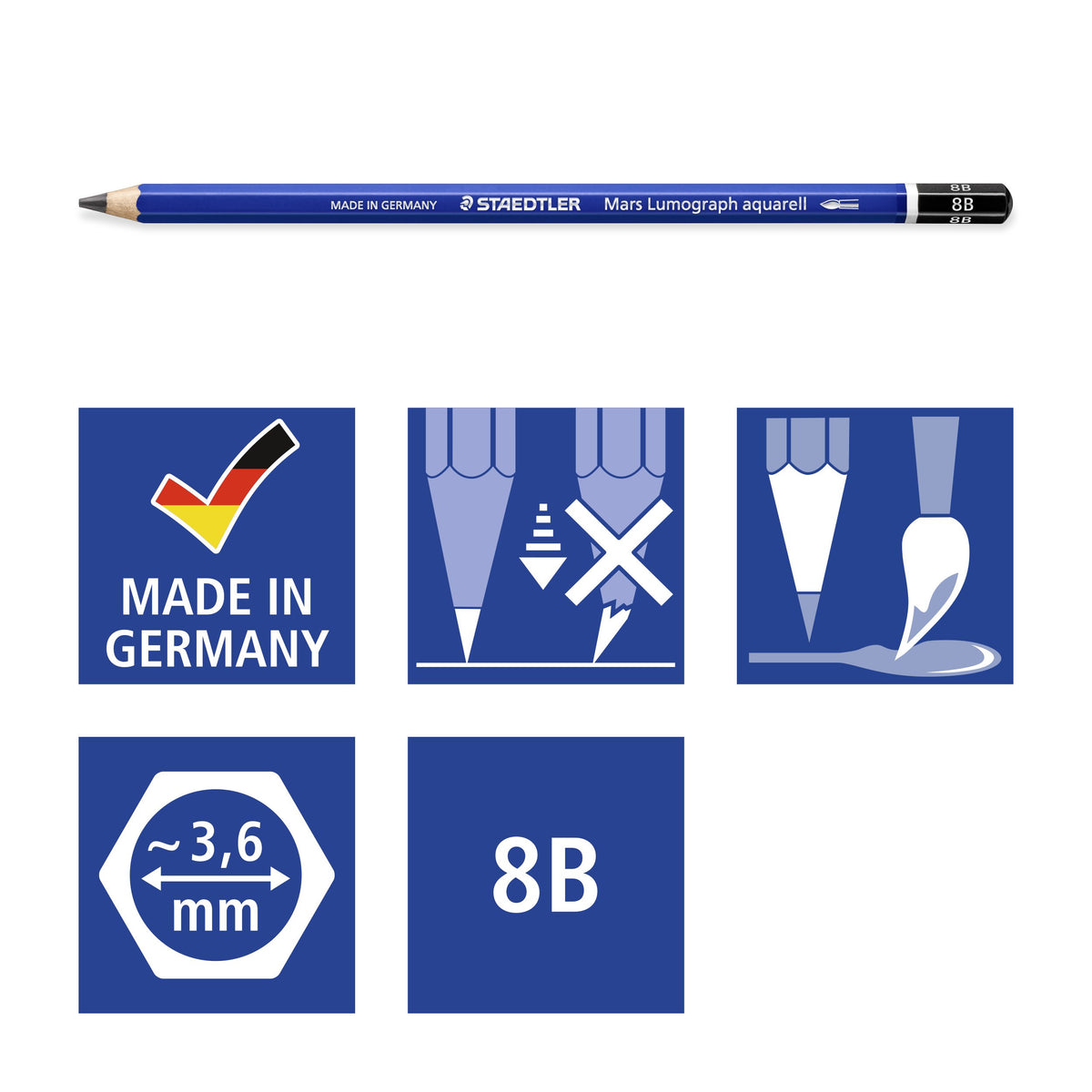Staedtler pictograms for the 8B aquarell pencil: Made in Germany, break resistant lead, water-soluble, approx. 3.6 mm and 8B