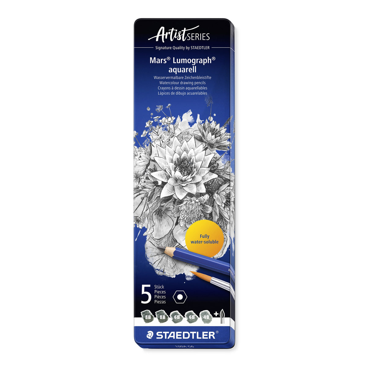 Closed Staedtler Mars Lumograph aquarell Artist Series tin, 5 pieces printed with grade swatches 8B 8B 6B 6B 4B and a brush symbol