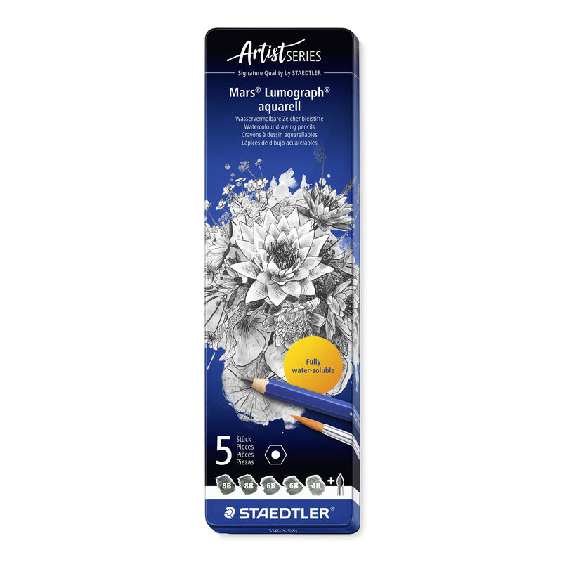 Closed Staedtler Mars Lumograph aquarell Artist Series tin, 5 pieces printed with grade swatches 8B 8B 6B 6B 4B and a brush symbol