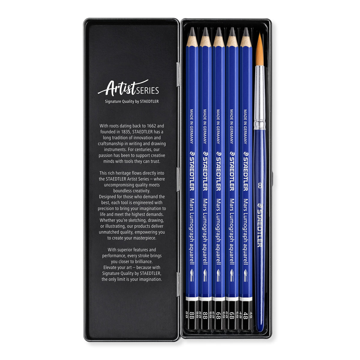 Open 100A G6 tin with five blue Mars Lumograph aquarell pencils and a round brush lying beside the printed lid insert