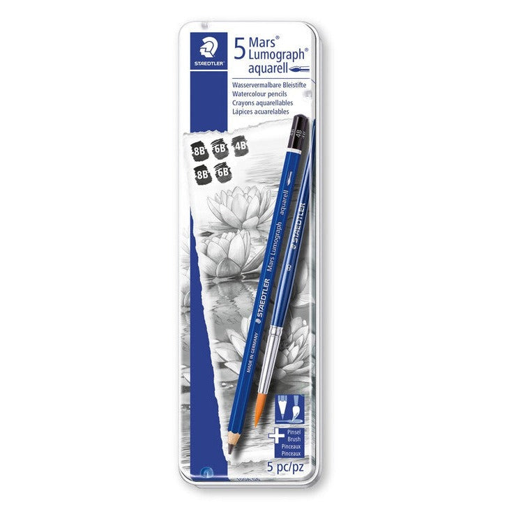 Earlier white and blue Mars Lumograph aquarell tin printed 5, with a water lily image, a pencil and a brush, earlier packaging
