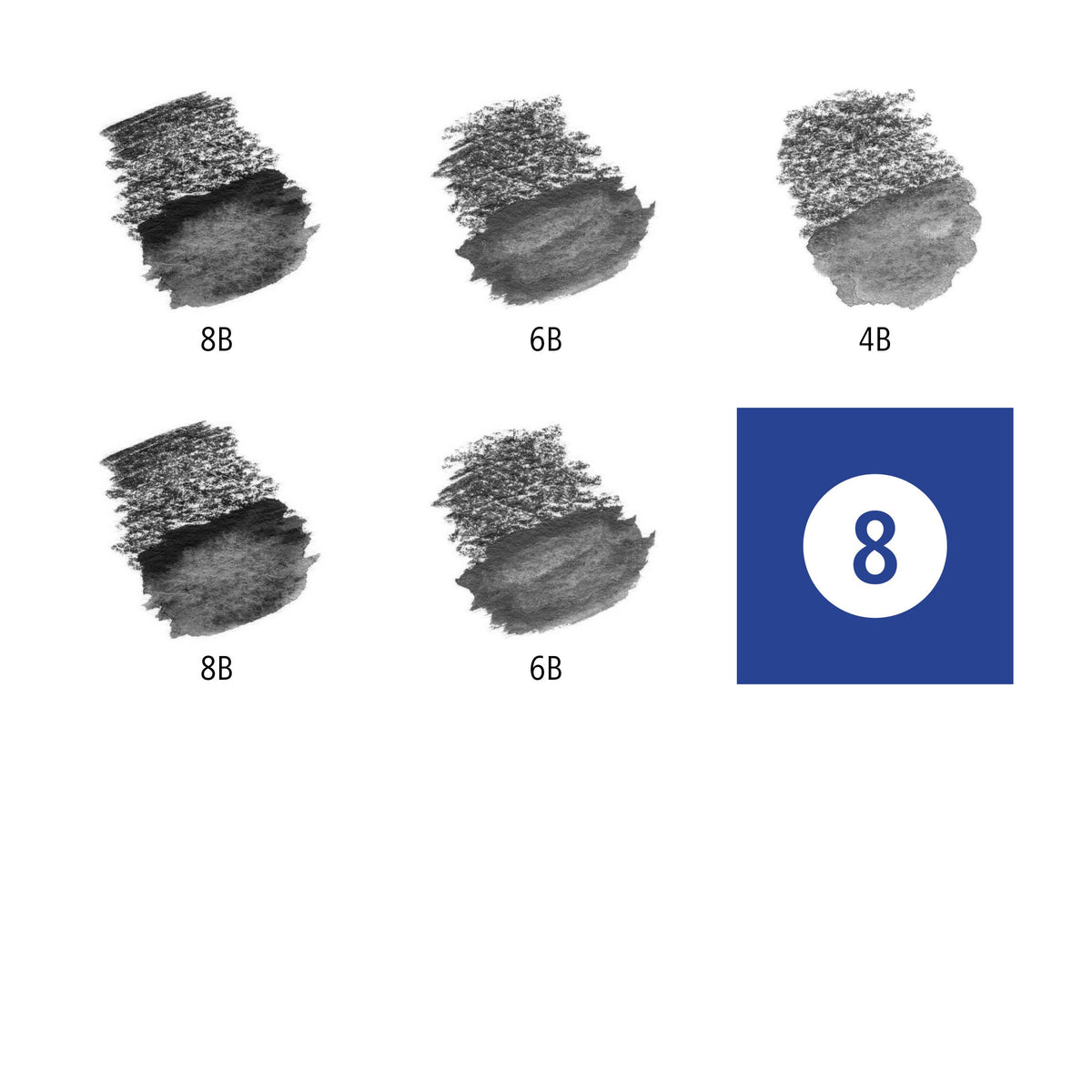 Staedtler degree chart for the 100A G6 tin: swatches for 8B, 6B, 4B, 8B and 6B with a brush size 8 symbol