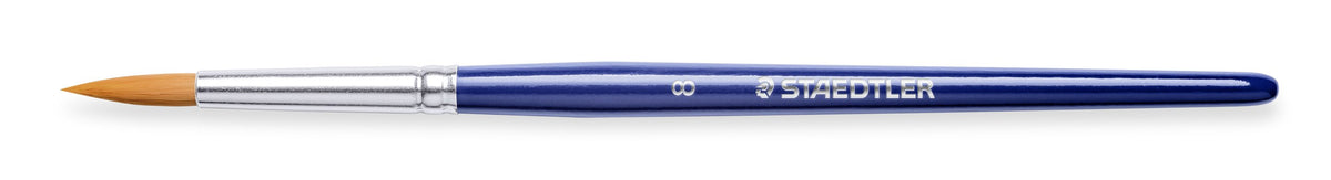 Round watercolour brush with a golden synthetic tip and a blue Staedtler handle, the brush supplied in the tin