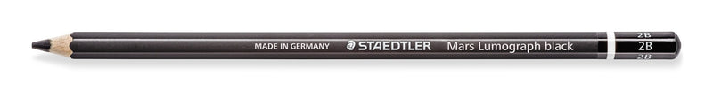 Full-length side view of the Mars Lumograph black 2B pencil, grey lettering on the black barrel and the grade at the end