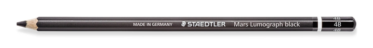 Mars Lumograph black pencil seen side on, black barrel with STAEDTLER and Mars Lumograph black printed along it