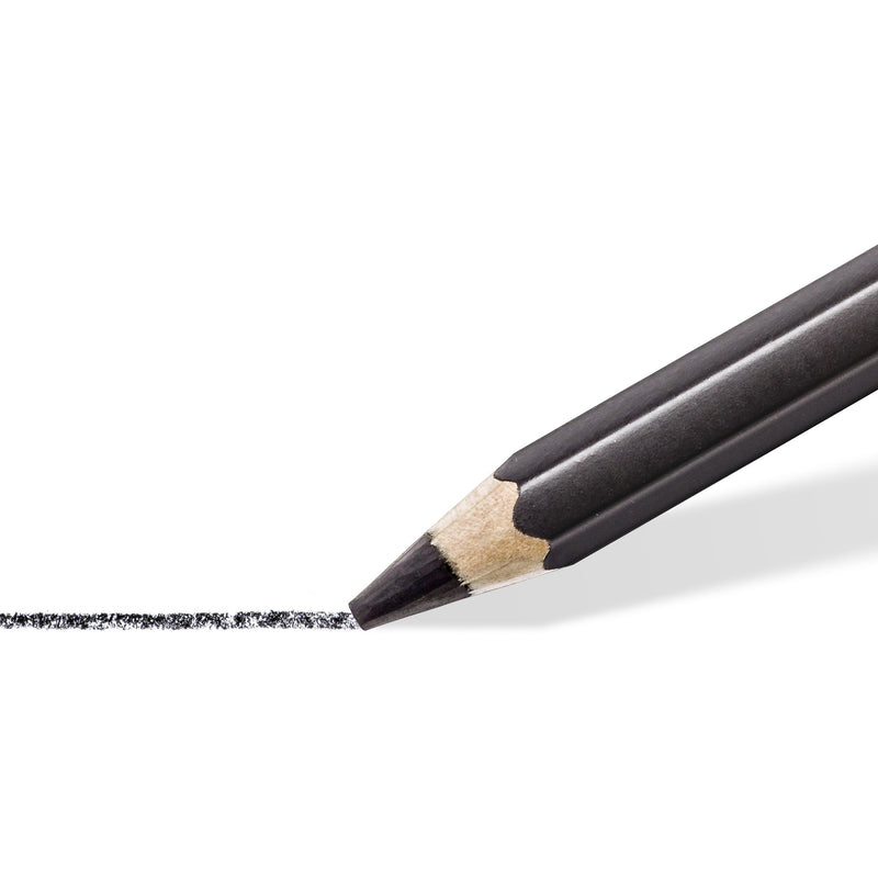 Macro of a Lumograph black pencil point making a dense matte black line on paper