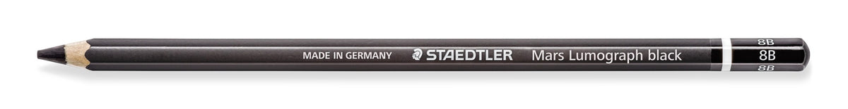 The Mars Lumograph black 8B pencil from the side, black barrel and grey STAEDTLER lettering