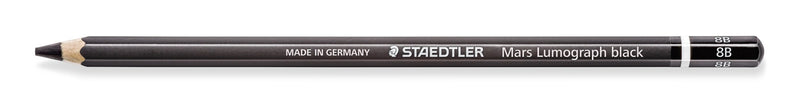 The Mars Lumograph black 8B pencil from the side, black barrel and grey STAEDTLER lettering