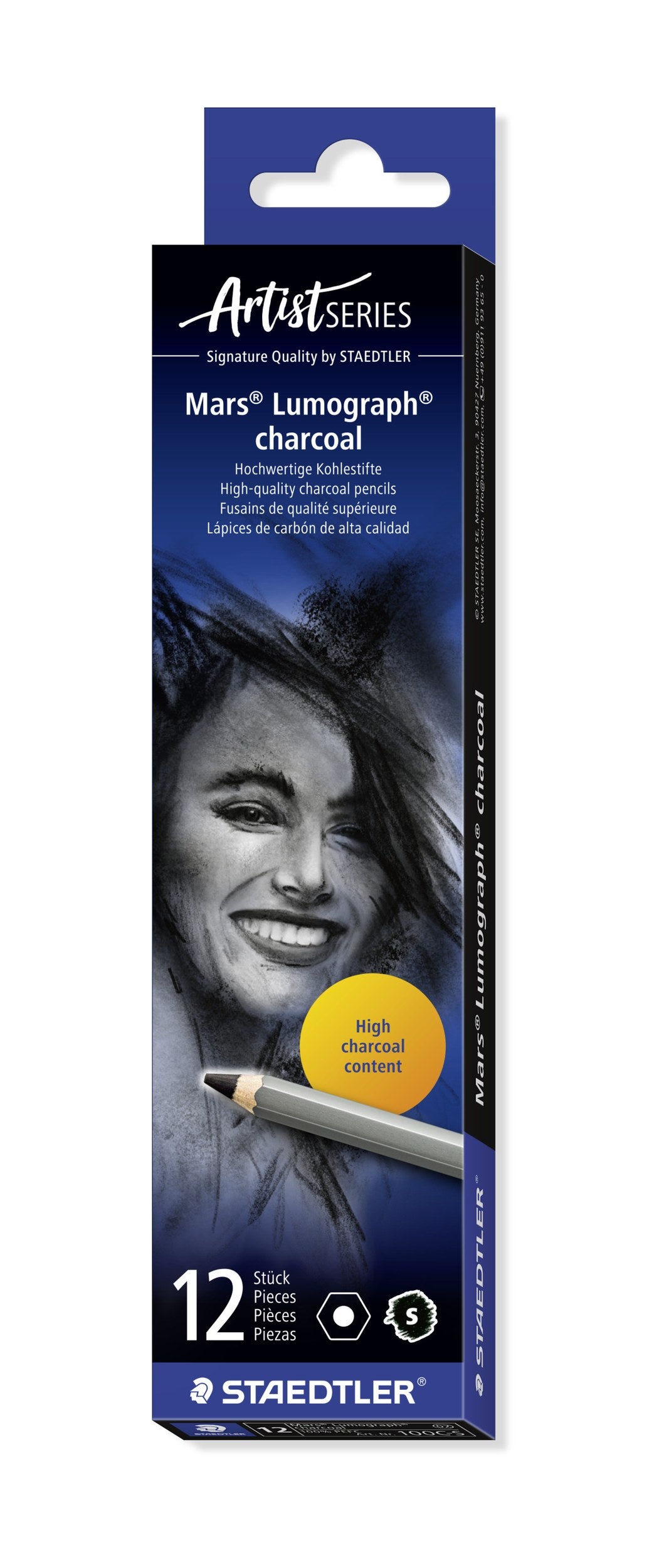 Current Staedtler Artist Series box of 12 Mars Lumograph charcoal pencils, charcoal portrait artwork and the degree S roundel beside 12 pieces