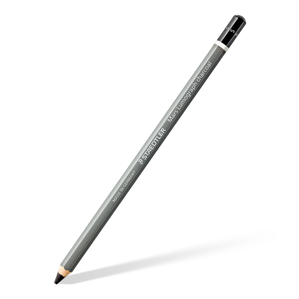 Mars Lumograph charcoal pencil in degree S on its own, grey six-sided barrel with a black end, white ring and the letter S