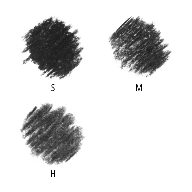 Three Mars Lumograph charcoal swatches labelled S, M and H, Staedtler's comparison of the soft, medium and hard degrees