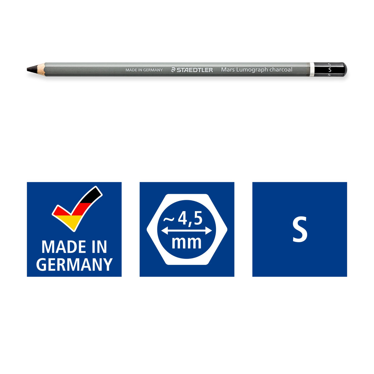 Staedtler pictograms for the S degree charcoal pencil: made in Germany, approx 4.5 mm hexagonal lead and the letter S