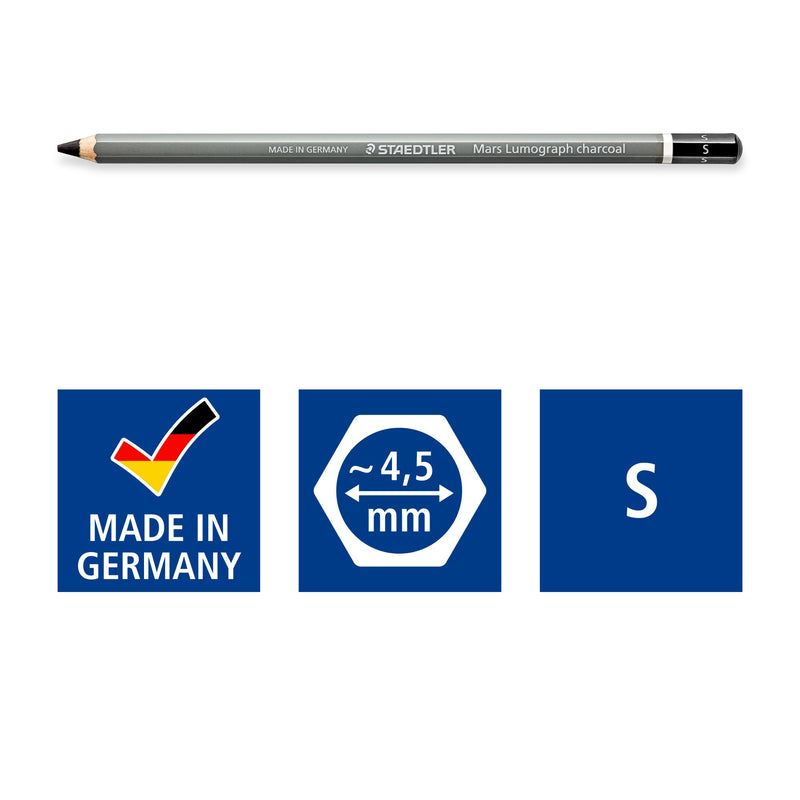 Staedtler pictograms for the S degree charcoal pencil: made in Germany, approx 4.5 mm hexagonal lead and the letter S