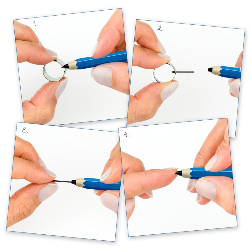 Four numbered photos showing how to change the nib: the ring tool grips the old nib, pulls it out, and a new nib is pushed in by hand