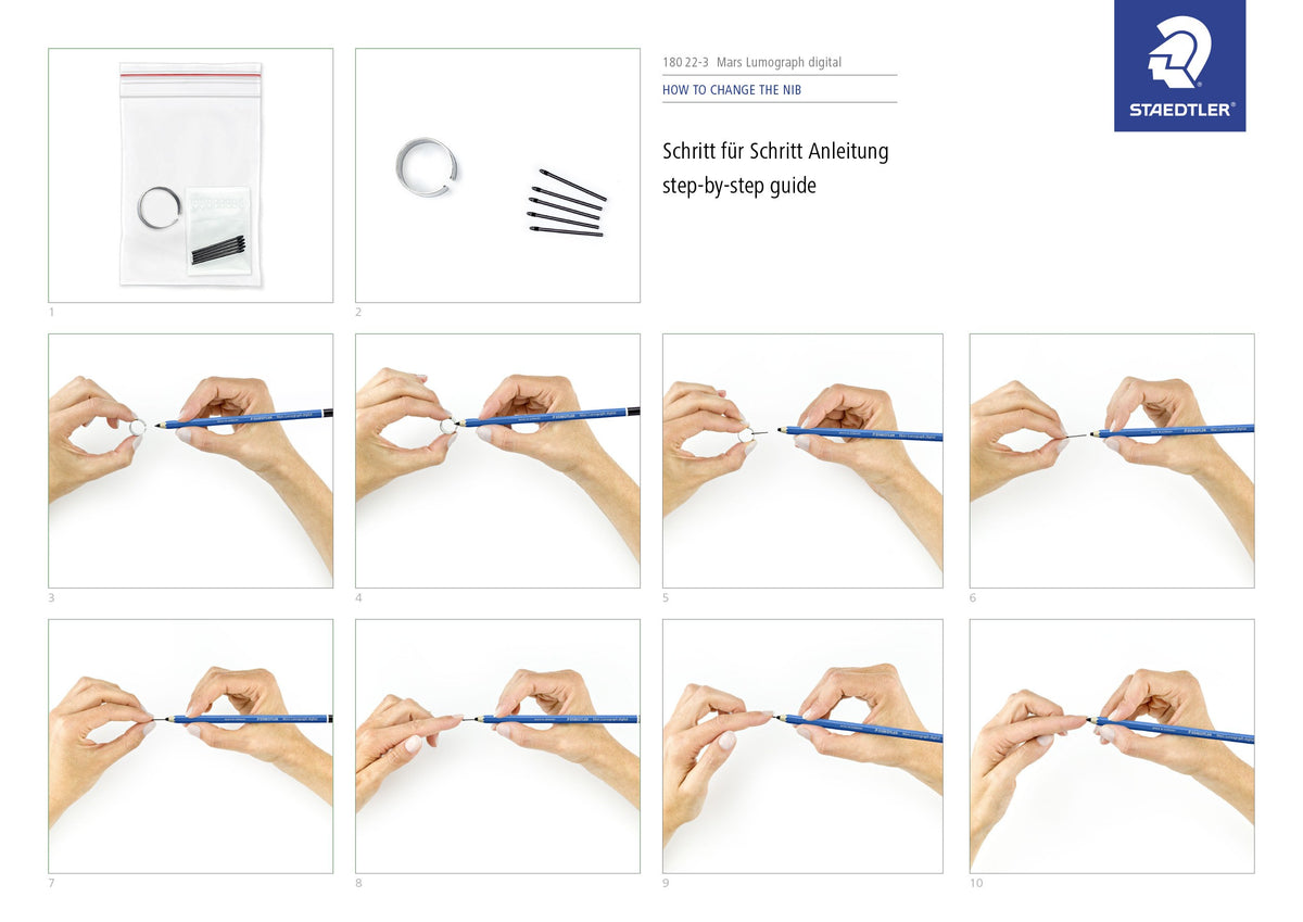 Staedtler step-by-step guide sheet for changing the Mars Lumograph digital nib, with photos of the nib bag, ring tool and each hand movement