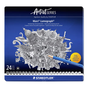 Closed Staedtler Mars Lumograph tin of 24, Artist Series lid with a detailed pencil drawing of a fantasy city and a row of 24 degree swatches
