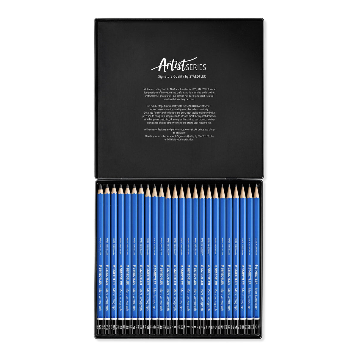 Open Mars Lumograph tin with 24 blue drawing pencils lined up beneath the black inner lid