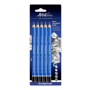 Staedtler Artist Series blister card of five Mars Lumograph jumbo pencils in blue barrels with black caps, grades listed down the side