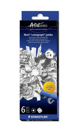 Staedtler Mars Lumograph jumbo 2B box of 6, Artist Series design with a pencil-drawn city, an orange approx. 5.3 mm extra-thick lead roundel and the 2B degree
