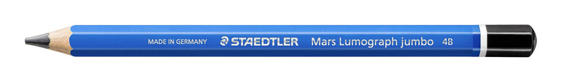 Full-length side view of the jumbo 4B pencil showing the blue barrel print, Mars Lumograph jumbo and the 4B degree on the end cap