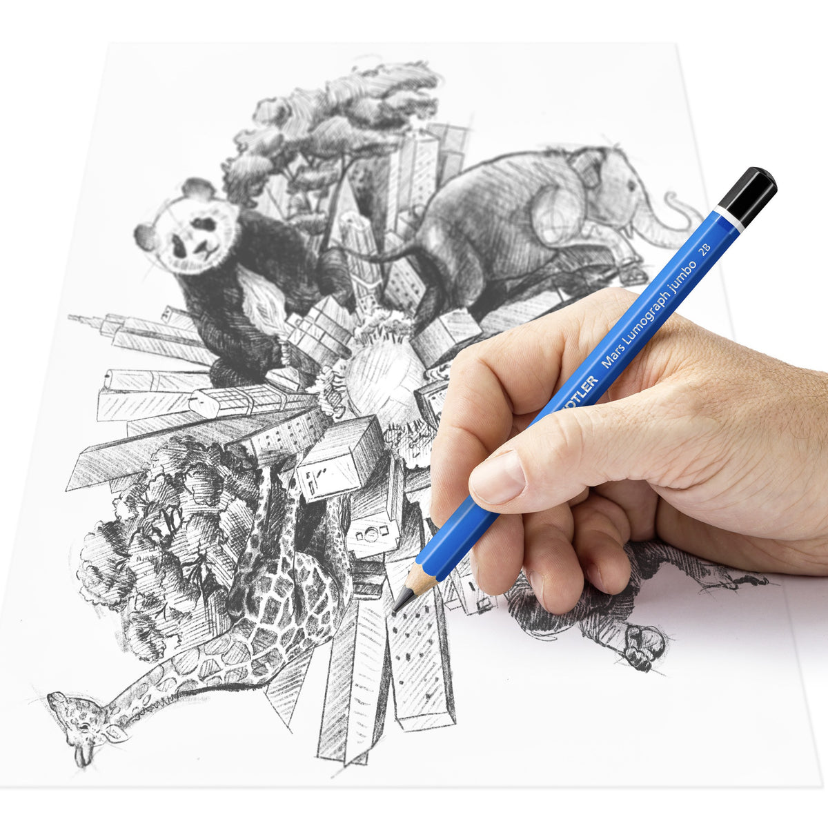 A hand drawing a detailed pencil picture of a panda and flowers with a blue Mars Lumograph jumbo pencil, range photo from Staedtler