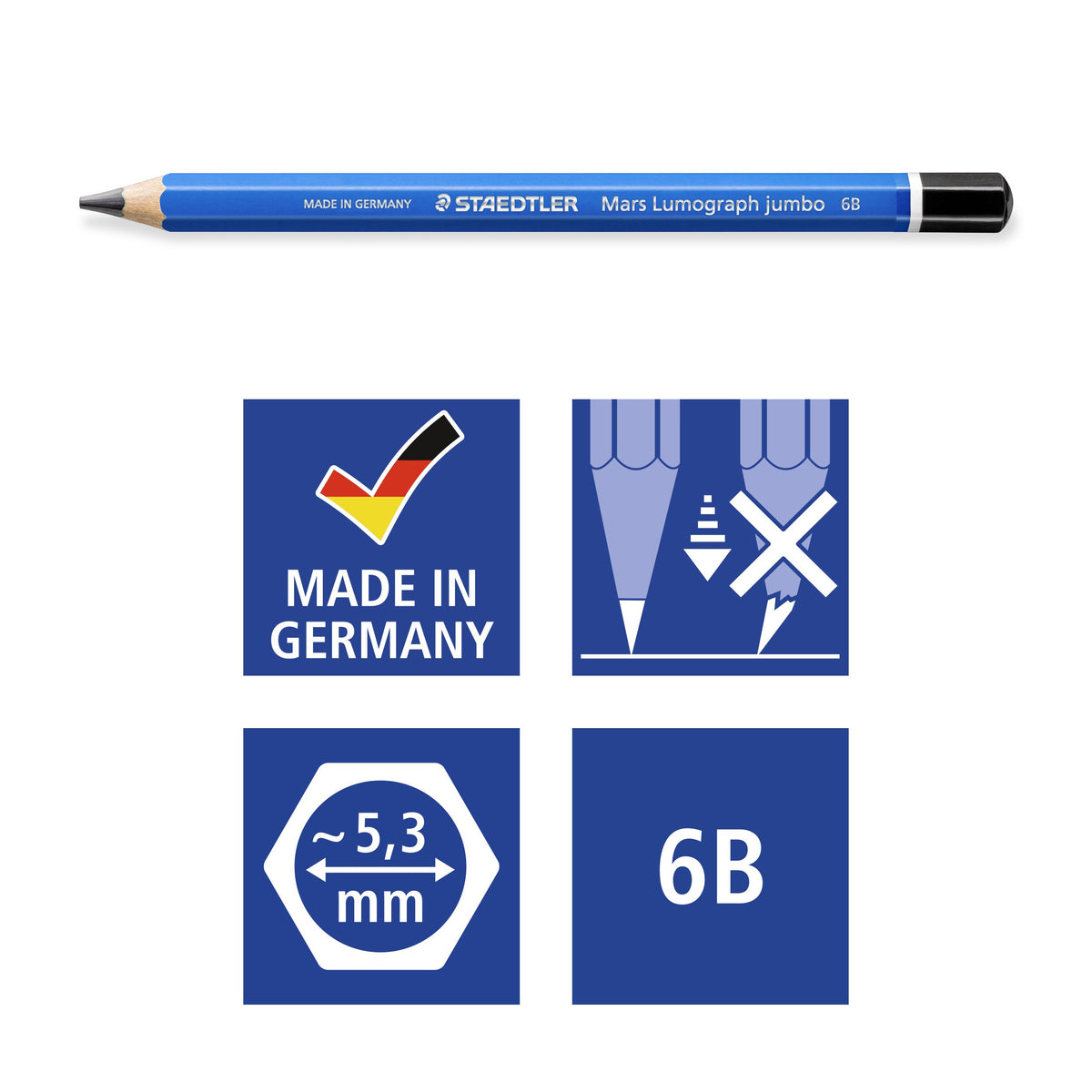 Staedtler pictograms for the jumbo 6B: Made in Germany, break-resistant lead, approx. 5.3 mm lead diameter and the 6B degree