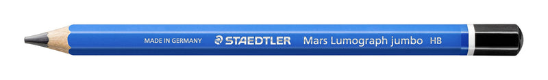 Full-length side view of the jumbo HB pencil showing the blue barrel print, Mars Lumograph jumbo and the HB degree on the end cap
