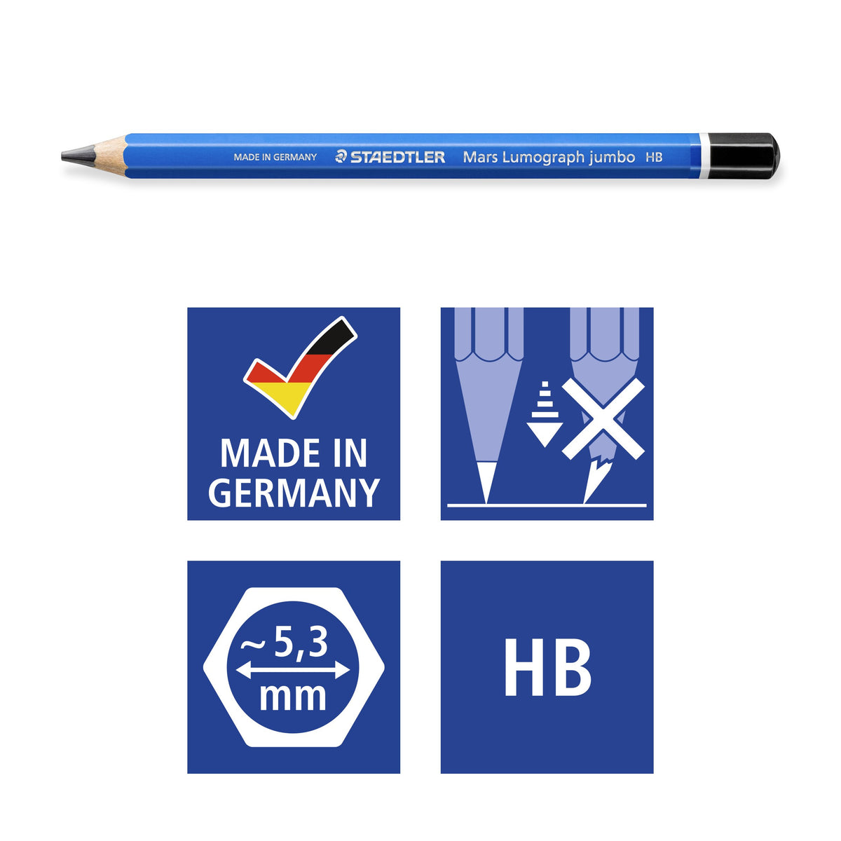 Staedtler pictograms for the jumbo HB: Made in Germany, break-resistant lead, approx. 5.3 mm lead diameter and the HB degree