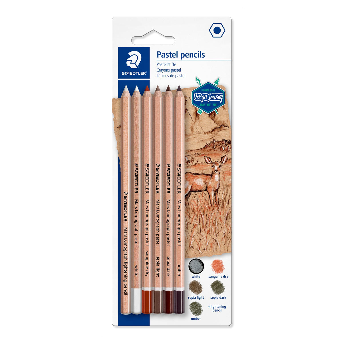 Staedtler Mars Lumograph pastel pencils card 100P-SBK6 with six pencils and colour swatches, deer drawn in sepia on brown paper