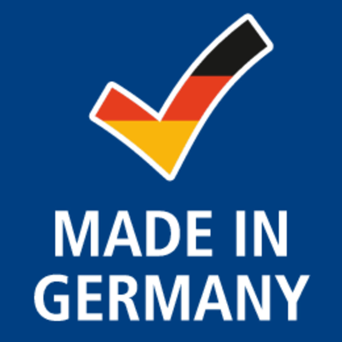 Staedtler Made in Germany pictogram, a black red and gold tick above the words MADE IN GERMANY on a blue square