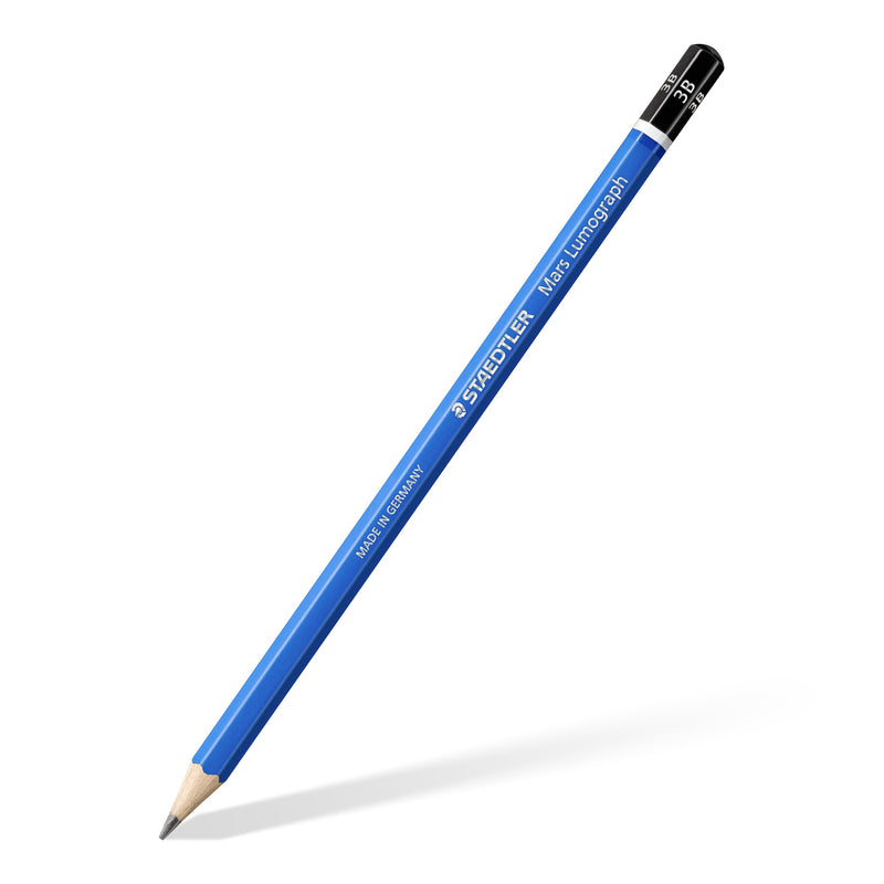 A single blue Mars Lumograph pencil shown on a diagonal, black end cap printed with the 3B degree and white STAEDTLER lettering on the barrel