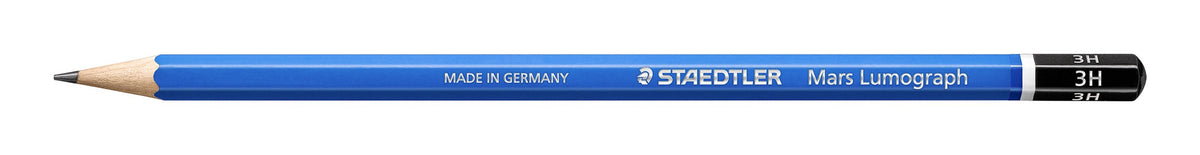 Side view of a Mars Lumograph 3H pencil showing the full blue hexagonal barrel, Made in Germany print and black end cap