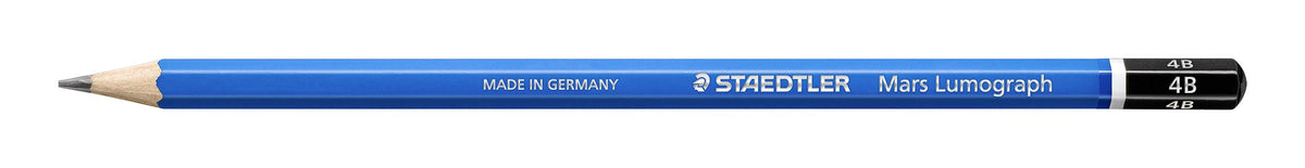 Full-length side view of a Mars Lumograph 4B pencil, blue hexagonal barrel with the range name and a black 4B end cap