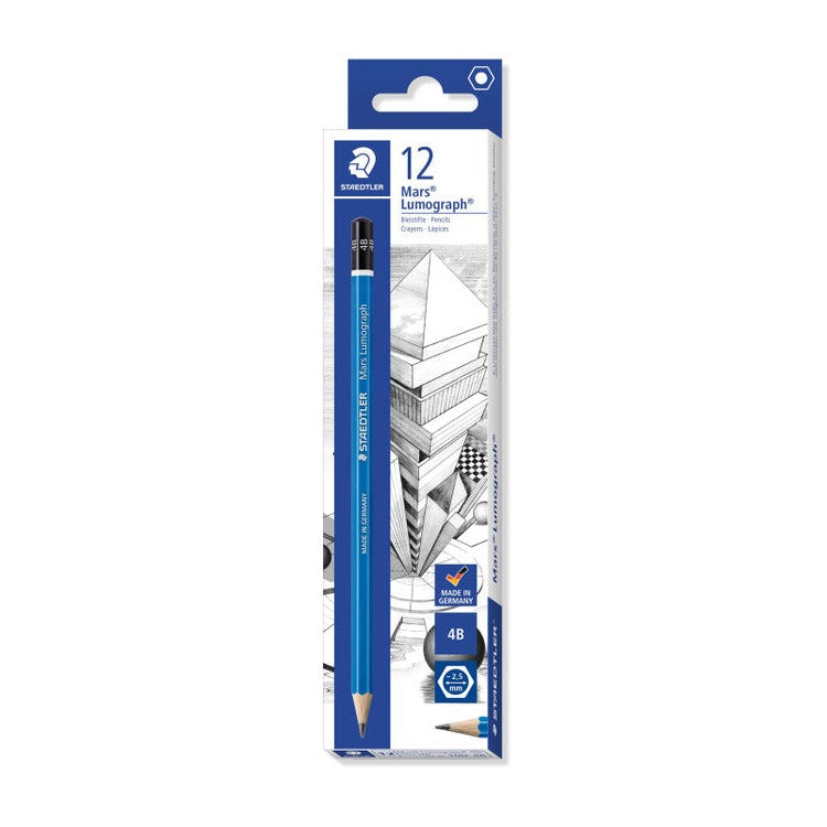 Earlier Staedtler packaging: white Mars Lumograph box of 12 with an architectural sketch, a blue pencil down the front and 4B in a dark circle
