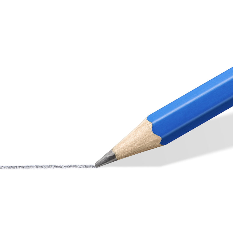 Close-up of a sharpened Mars Lumograph 5B tip drawing a soft dark graphite line on white paper