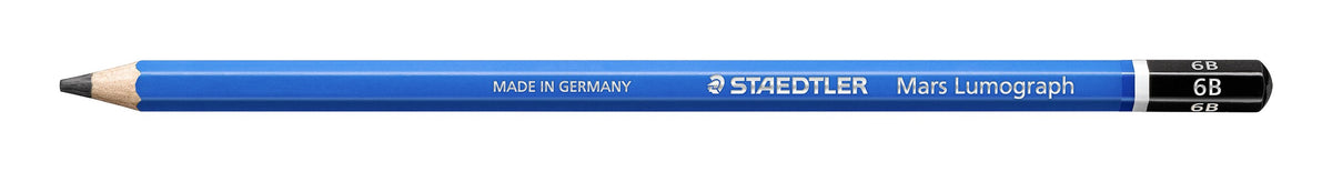 Full-length side view of a Mars Lumograph 6B pencil, blue hexagonal barrel with the range name and a black 6B end cap