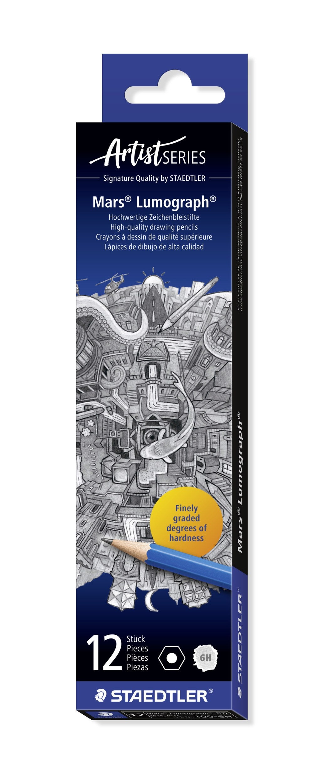Current Staedtler Artist Series box of 12 Mars Lumograph 6H pencils, dark blue with a pencil-drawn cityscape, an orange roundel and the 6H swatch at the base