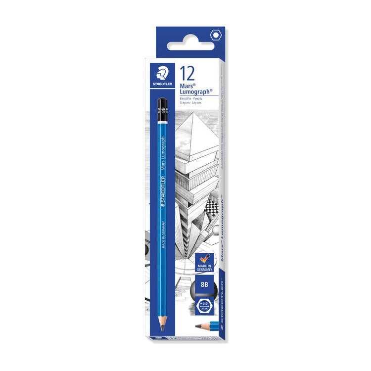 Earlier Staedtler packaging: white Mars Lumograph box of 12 with an architectural sketch, a blue pencil down the front and 8B in a dark circle