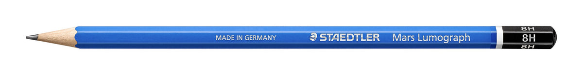 Full-length side view of a Mars Lumograph 8H pencil, blue hexagonal barrel with the range name and a black 8H end cap