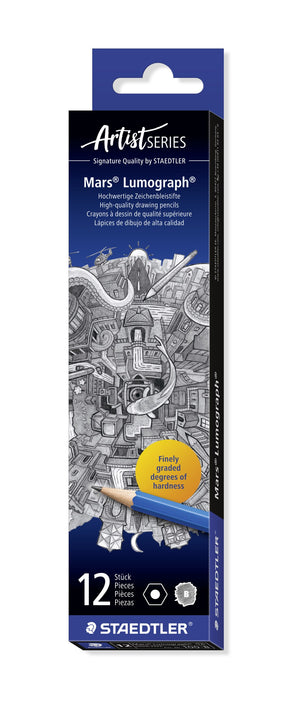 Current Staedtler Artist Series box of 12 Mars Lumograph B pencils, dark blue with a pencil-drawn cityscape, an orange roundel and the B swatch at the base